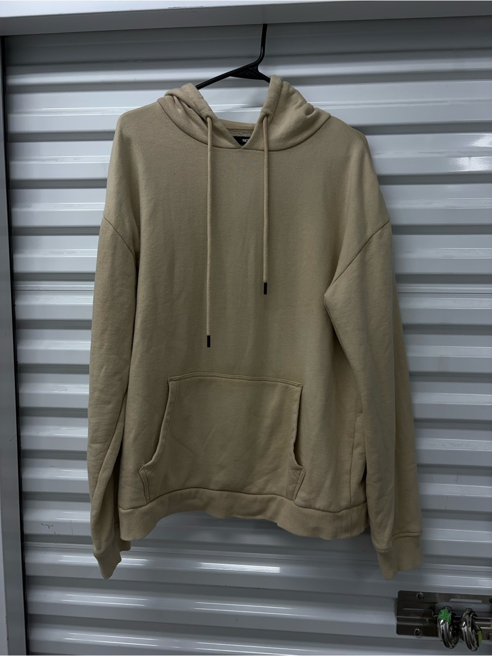 NOVA MEN Men's Beige Solid Pullover Hoodie Kangaroo Pocket Drawstring Long L